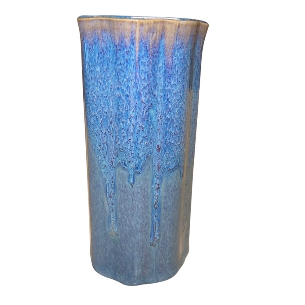 Bay Pottery Vase Blue Drip Glaze Art USA Vintage Signed Potter Ruffle 7” Tall
